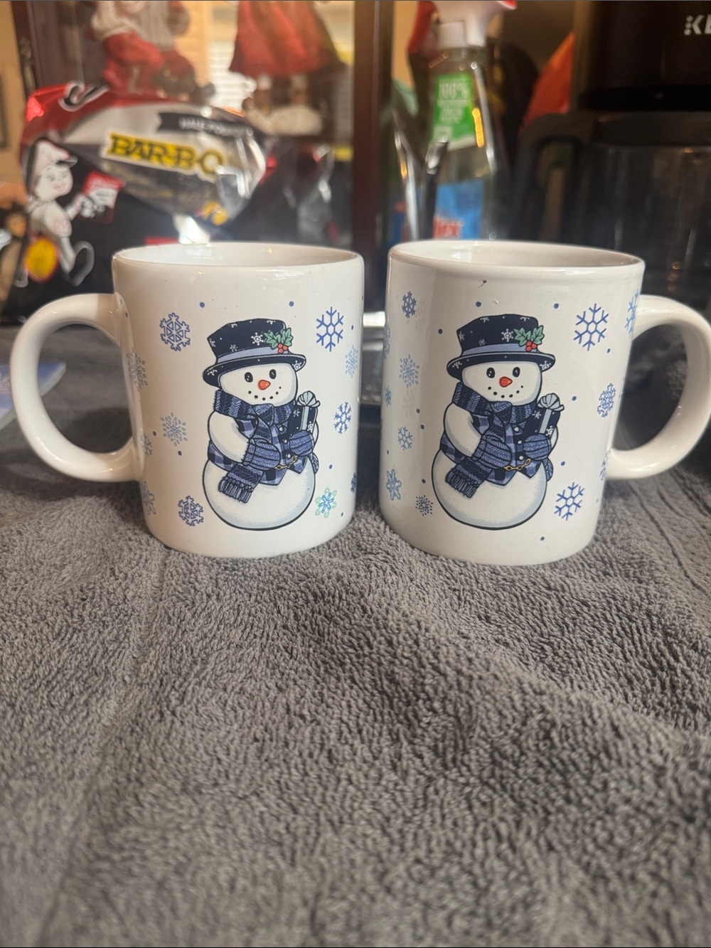 White Snowman Ceramic Mug Set with Blue Accents - Set of 2